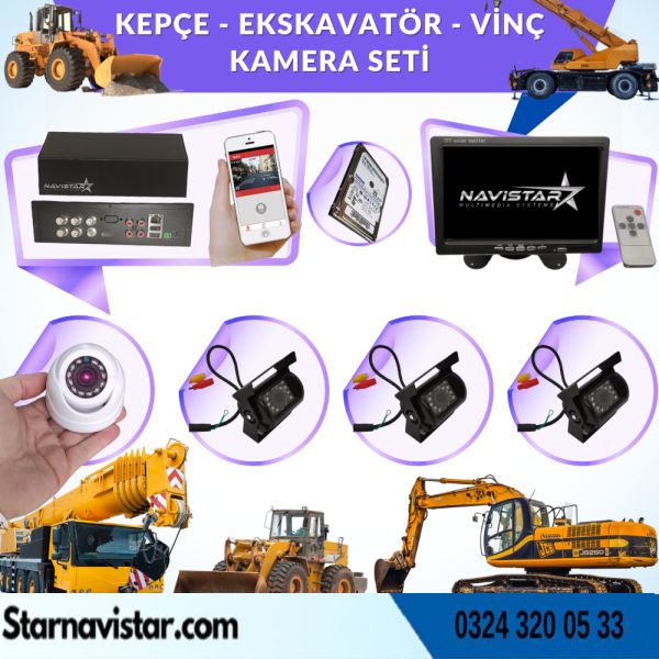 Uzaktan İzlemeli 4 Kameralı Ekskavatör Dozer Greyder Vinç Kepçe 1 Tb Harddisk Kamera Seti
