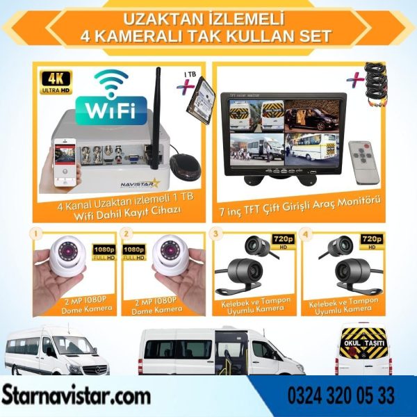 Uzaktan izlemeli 4 Kameralı Wifi 1 Tb Harddisk 7 Inç Ekranlı Araç Kamera Seti