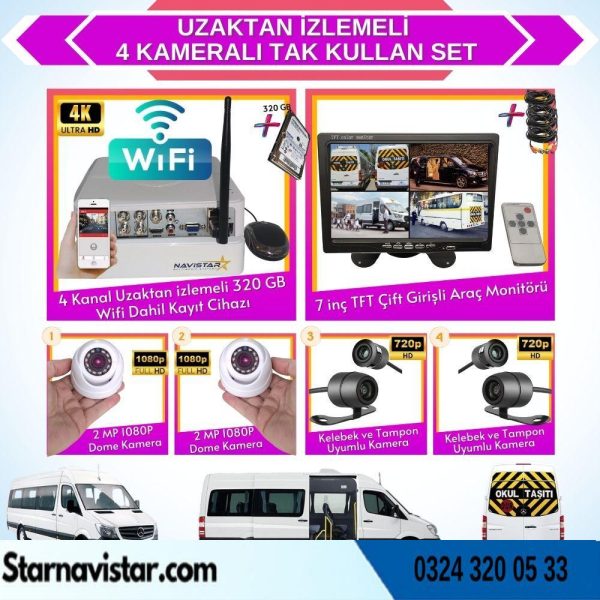Uzaktan Izlemeli 4 Kameralı Wifi 320 Gb Harddisk 7 Inç Ekranlı Araç Kamera Seti