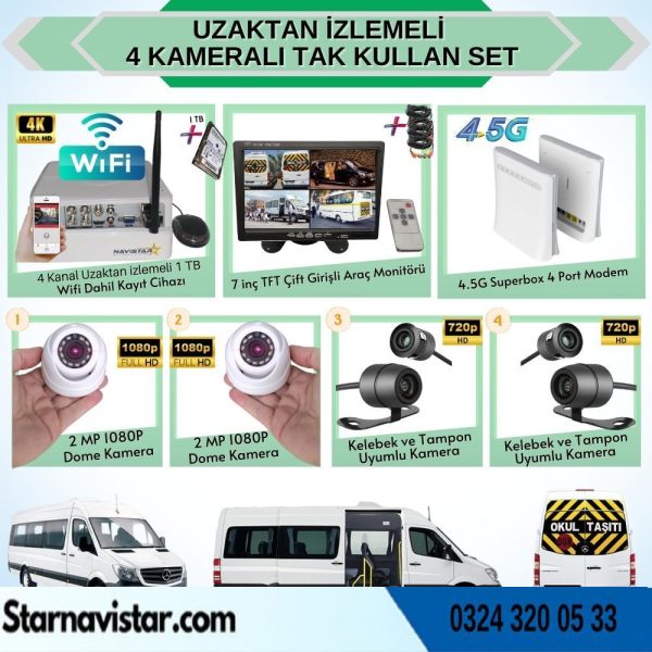 Uzaktan Izlemeli 4 Kameralı Wifi 4G 1 Tb Harddisk 7 Inç Ekranlı Araç Kamera Seti
