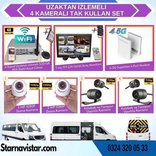 Uzaktan izlemeli 4 Kameralı Wifi 4G 320 Gb Harddisk 7 Inç Ekranlı Araç Kamera Seti