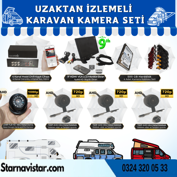 Uzaktan İzlemeli Karavan Kamera Seti 4 Kameralı 500 Gb Harddisk Dahil Kayıtlı 9 Inç Hdmi Ekranlı
