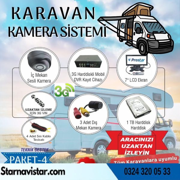 Uzaktan Takipli Karavan Kamera Sistemi Seti Kayıtlı Harddiskli 1 Tb Dahil 4 Kameralı Ekranlı