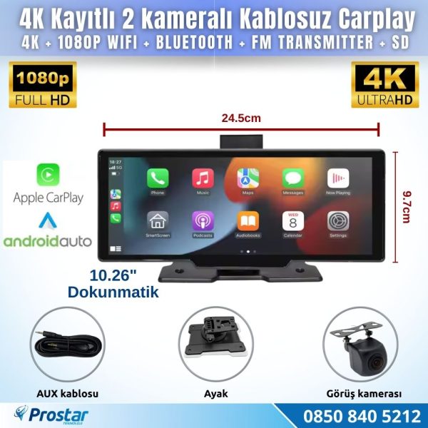 Dokunmatik 10.26 inç 4K+1080P Çift Kameralı Kablosuz Carplay Wifi Bluetooth Set