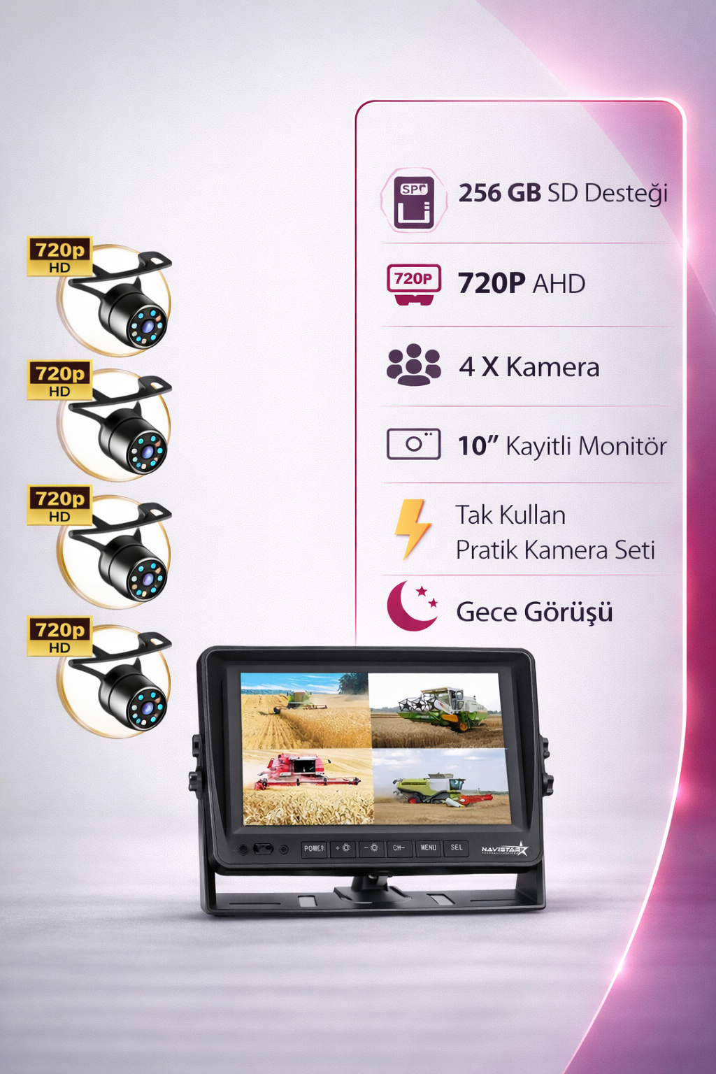 10 inç Monitör 4 Kameralı Mibzer Havalı Tohum Makinesi AHD Kayıtlı Kamera Seti