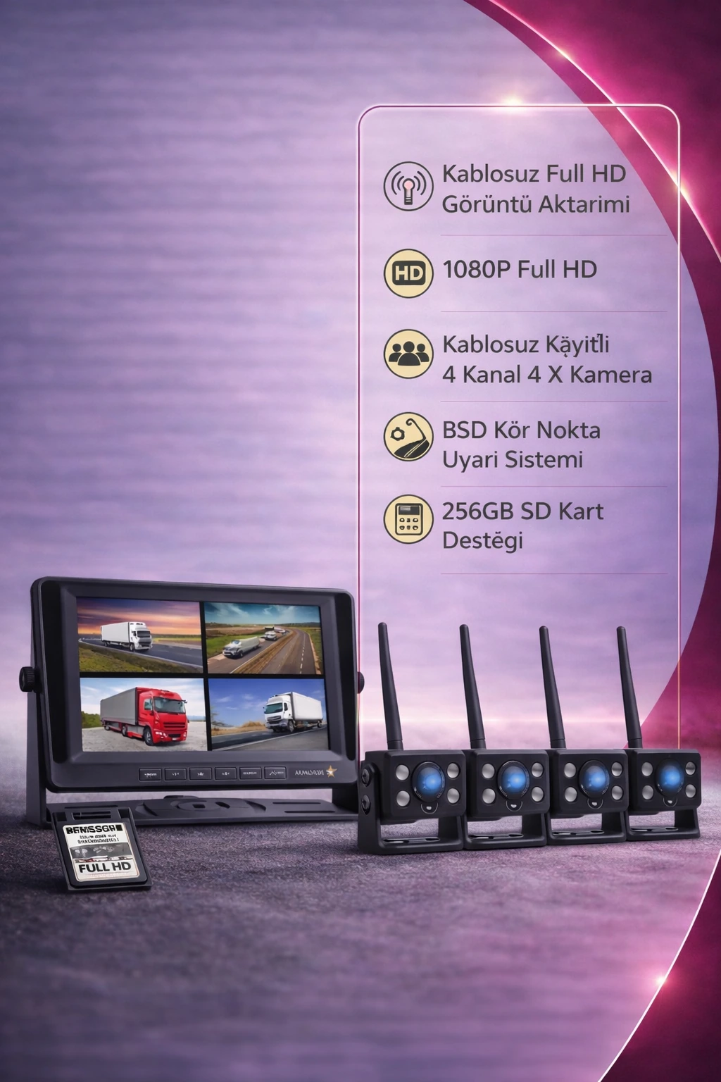 4 Kablosuz Kameralı 7 inç Kayıtlı Monitör Full HD BSD Kör Nokta Uyarı Sistemli Tak Kullan Kamera Seti